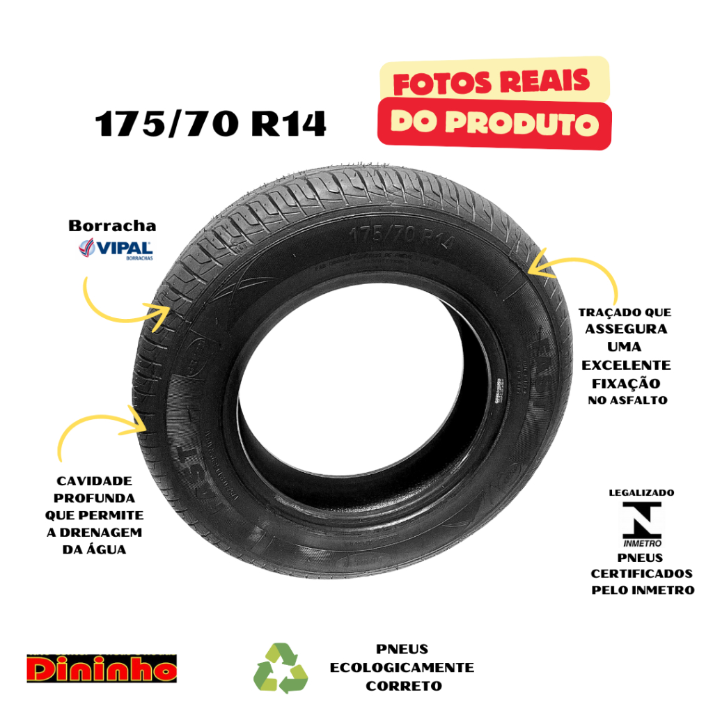 Pneu 175/70 R14 Remold Linha Premium Borracha Vipal com Selo do Inmetro