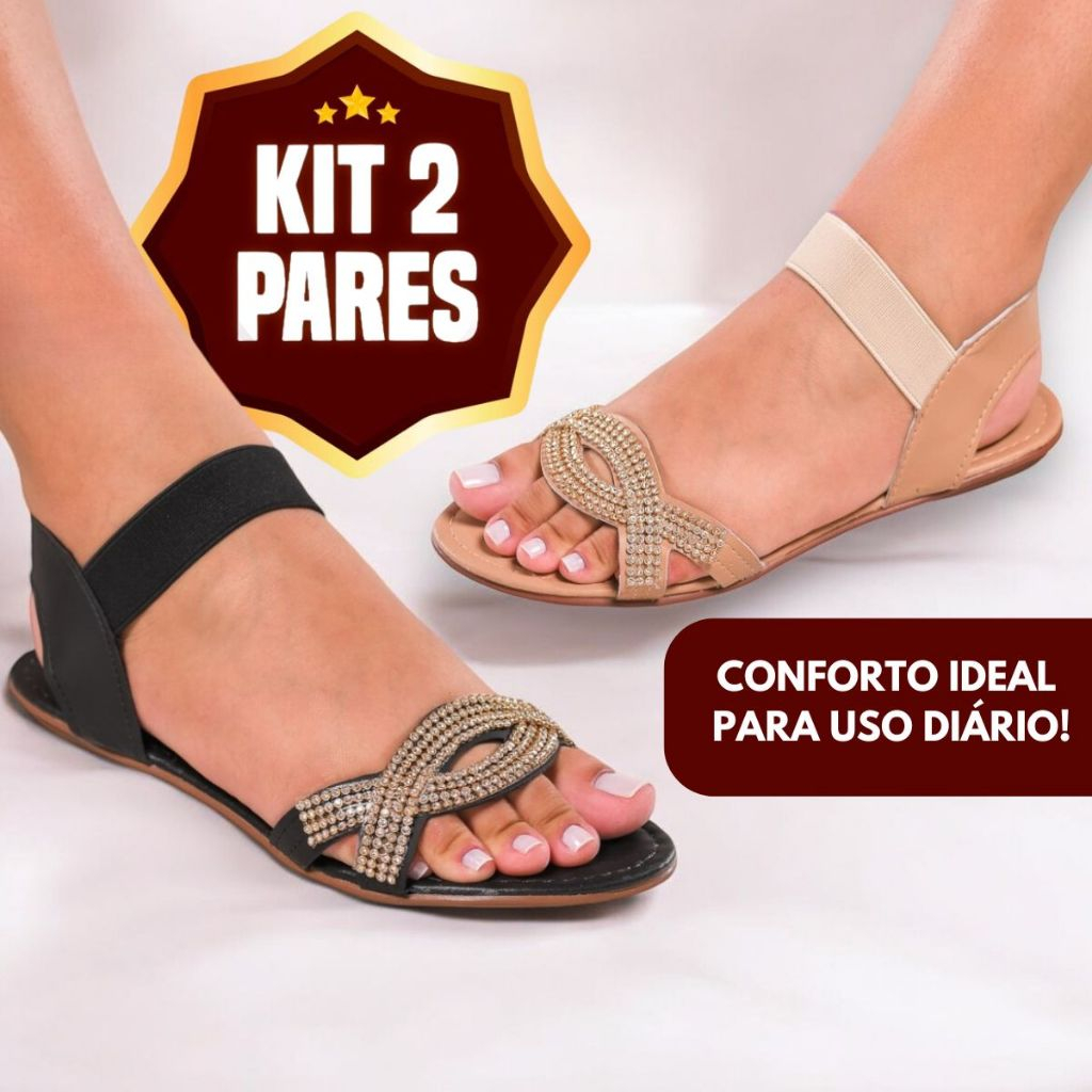 Kit 2 Pares Sandália Feminina Rasteirinha Feminina  Confortável Tiras Dia a Dia - Rasteira STRASS