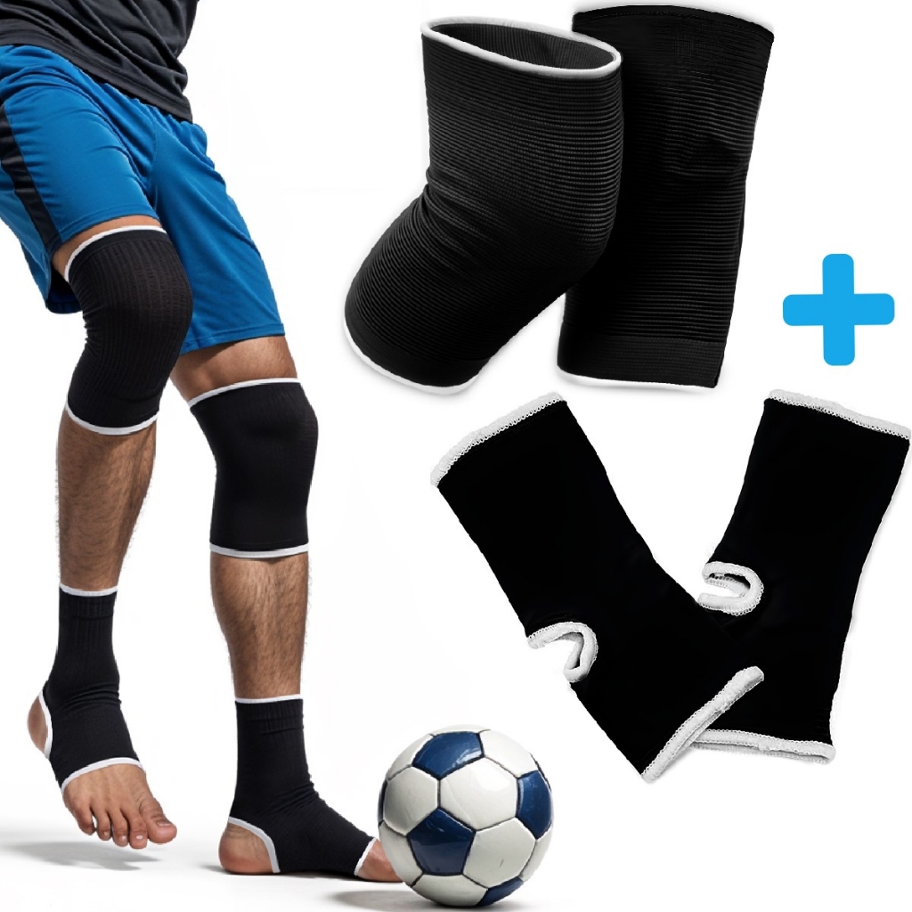 Kit 2 Joelheira + 2 Tornozeleira Compressão Ortopedica Protetor Dor Joelho Tornozelo Futebol Volei