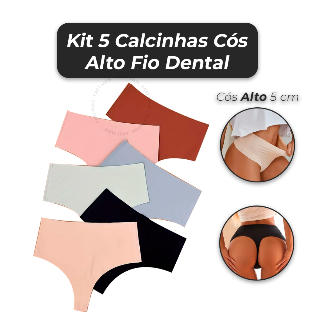 Kit 5 Calcinhas Cos Alto Fio Dental Modeladora Sem Costura Corte Laser
