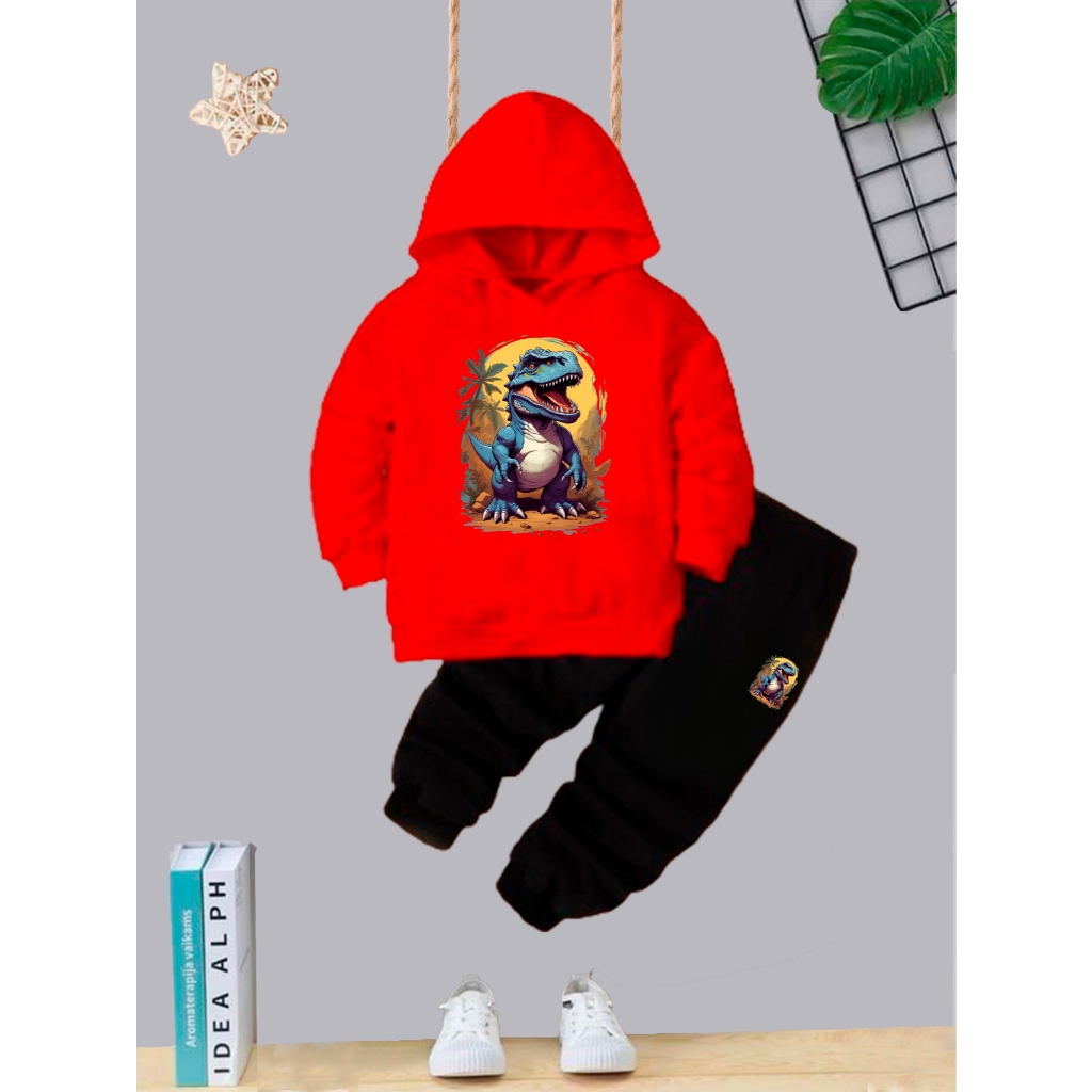 Conjunto Moletom Infantil Blusa + Calça Menino Inverno Flanelado Com Estampa Divertida Dino Azul Capuz e Bolso