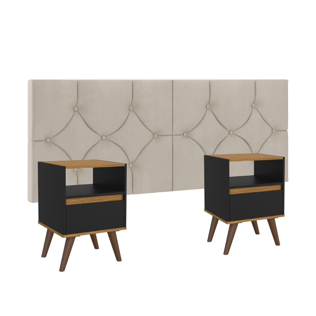 Conjunto Mesa De Cab Com Gaveta + Cabeceira Estofada Box Para Cama Queen