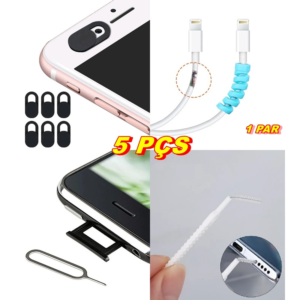 Kit 5 Pçs Acessórios Tampa Protetora Câmera Anti Espião Limpeza Chave Slot Sim Card Protetor de Cabo Espiral Mola Smartphone Iphone Tablet Notebook