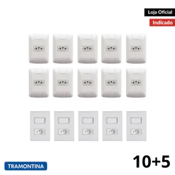 Kit 10 Conjunto Placa 4x2 Tomada 10A + Kit 5 Interruptor Tomada 10A 250V Tramontina Branco