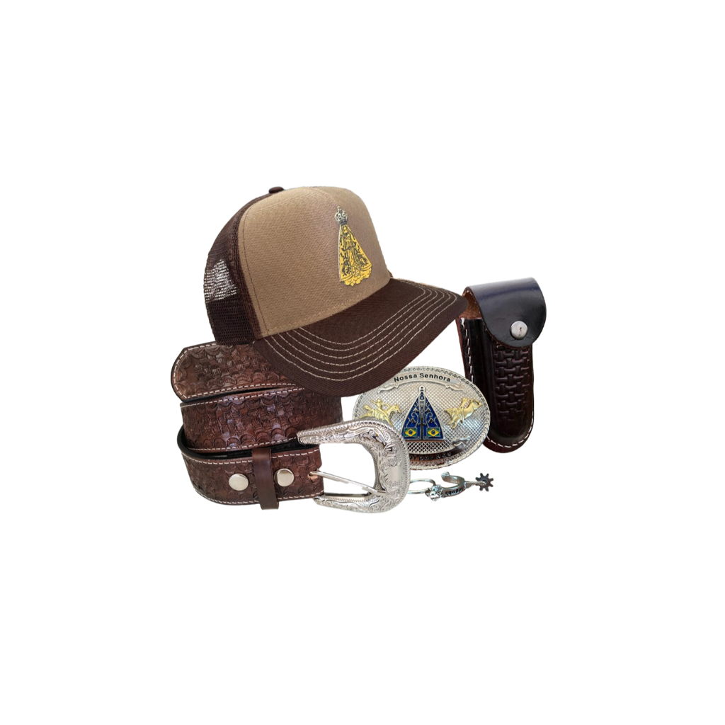 Kit Presente Cowboy + Bainha Em Couro Com Botão de Pressão + Cinto de Couro e Fivela Santinha