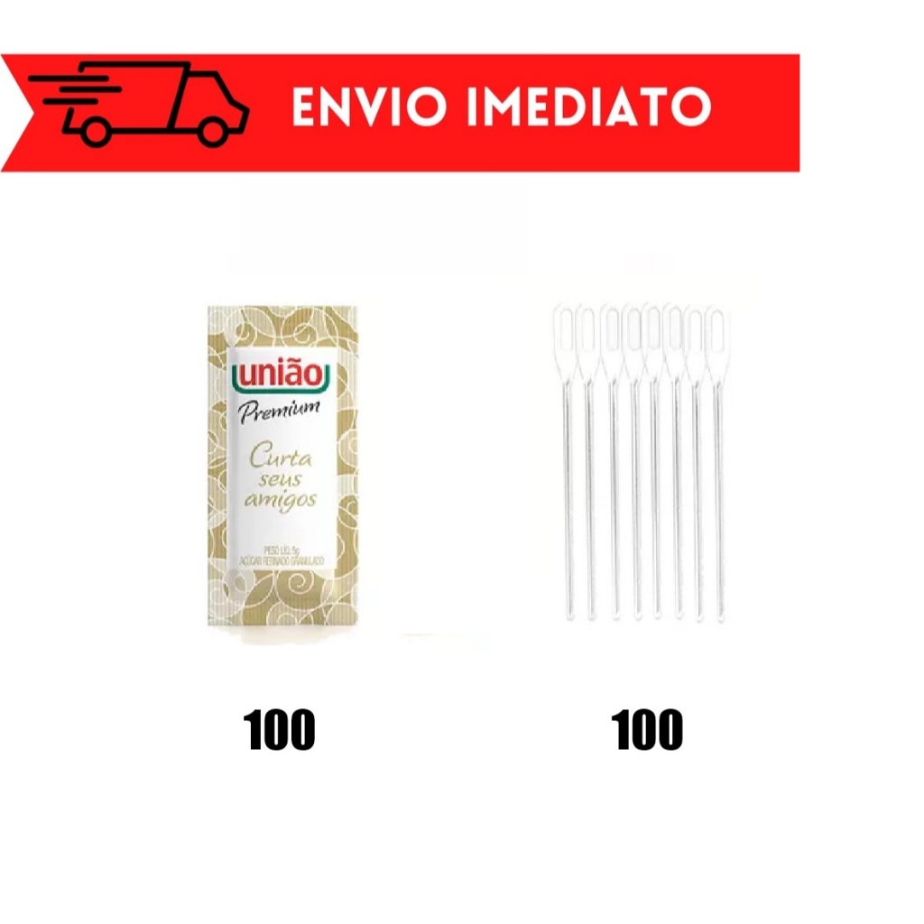 Açúcar União Sache 100un + Mexedor De Cafe 100un em Oferta na Shopee