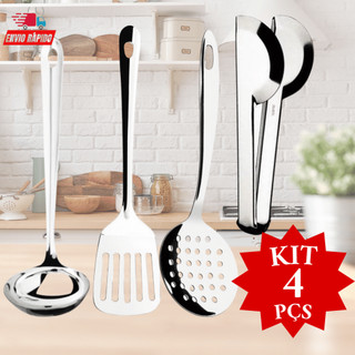 Kit 4 Peças Utensílios para Cozinha Concha Escumadeira Pegador Universal Espátula Vazada em Inox  Restaurantes Bares Buffets Promoção