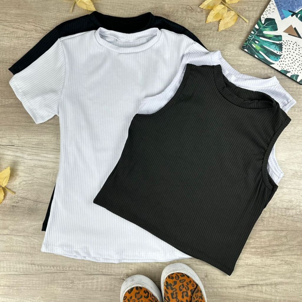 Combo1- 2 Cropped Regata Canelada + 2 Blusinha Básica Canelada Feminina - Dia a dia, Casual.