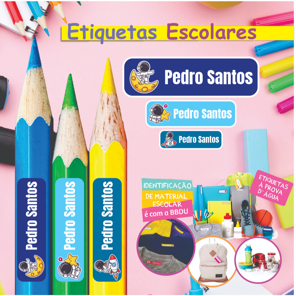 🖍️✂️📝📐 Kit 78 uni Etiquetas Escolares Vinil à Prova D’água Personalizado Nome - Solicite Catalogo 🥰