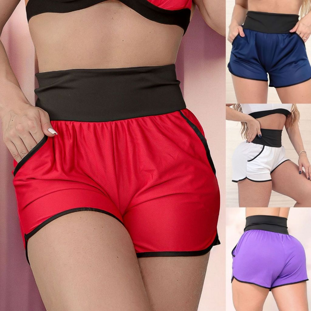 Short Feminino Academia sem Forro com Bolsos Laterais Dry Fit Seca Rápido Detalhes em Viés Promoção