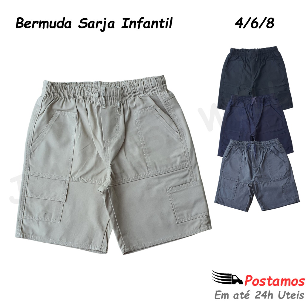 Bermuda Infantil Menino Sarja Bolso Faca Cargo Masculina Moda Estilo