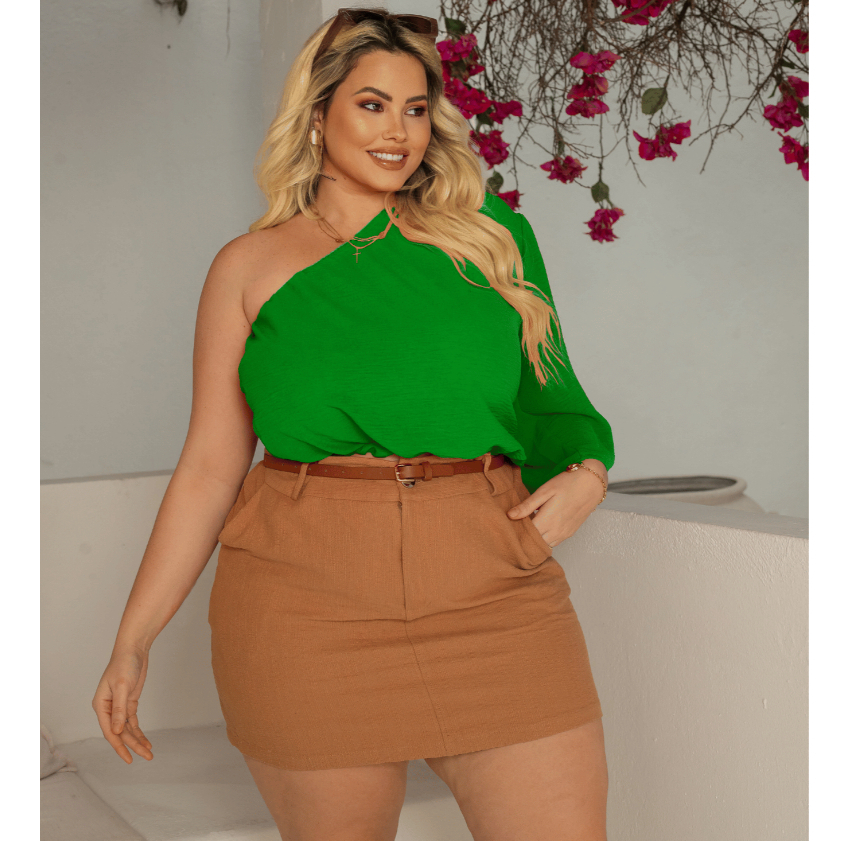 Blusa Manga Única Feminina Plus Size Cropped Soltinho Verão Confortável Bata Casual Moda Blogueira