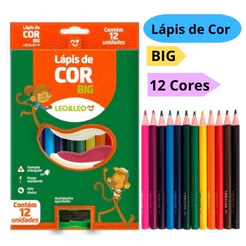 Lápis de Cor 12 Cores Big Jumbo 15cm Grande Com Apontador Triangular Leo&Leo