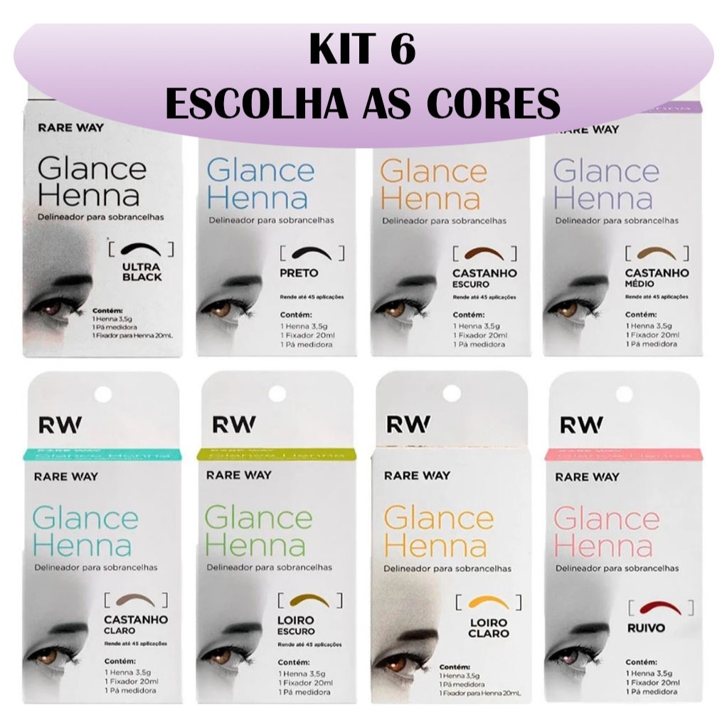 Kit 6 Hennas Glance Para Sobrancelhas Rare Way 100% Natural em Oferta na Shopee