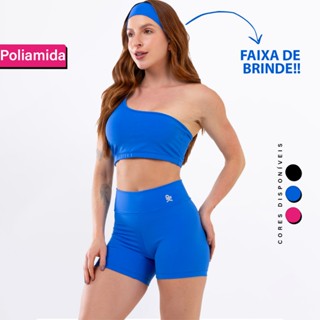 Conjunto Fitness Top Recorte Ombro Só Short Fitness Legging Poliamida Cós Alto Feminino Ac...