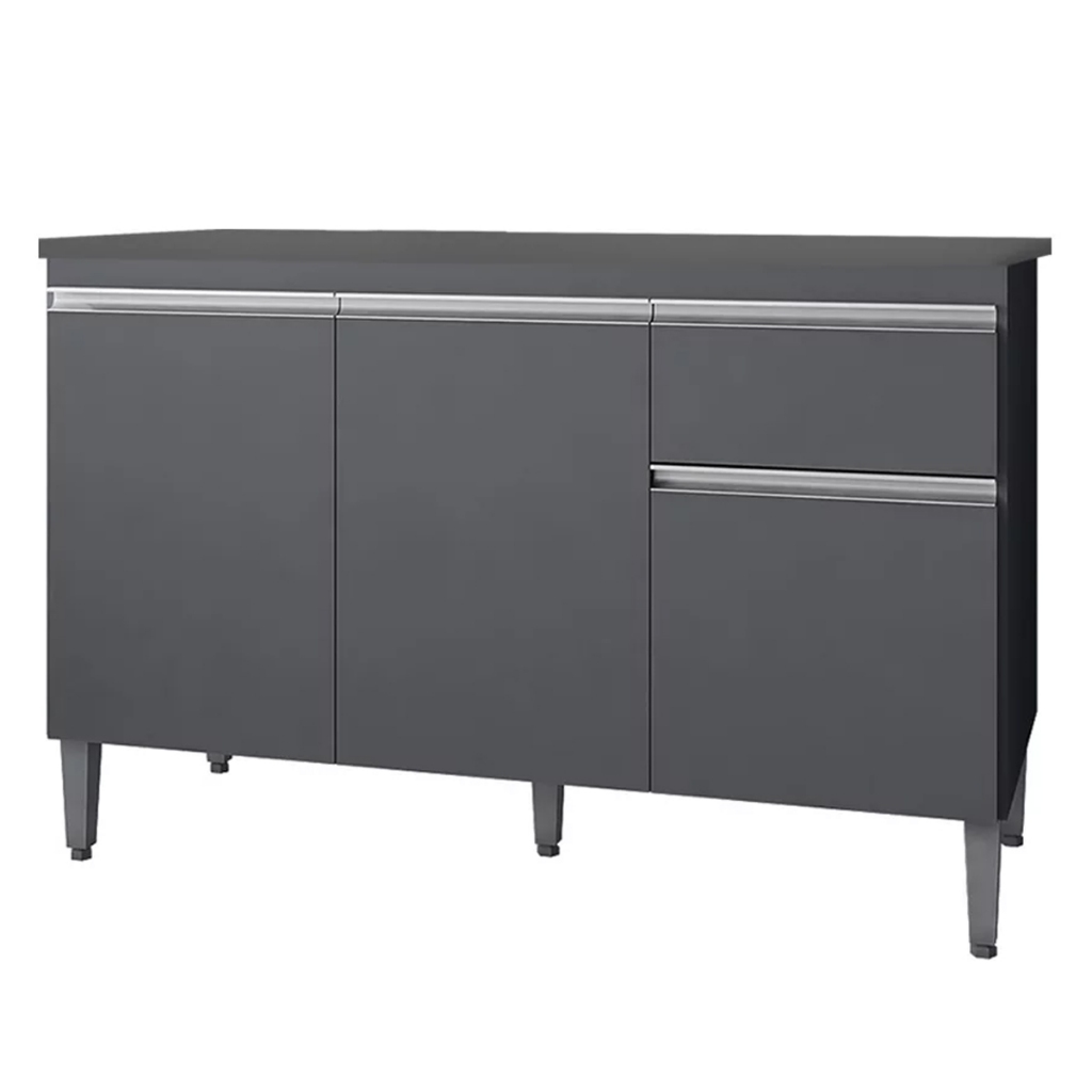 Balcão Gabinete 3 Portas de Cozinha 120cm Tatiane Cinza Sem Tampo