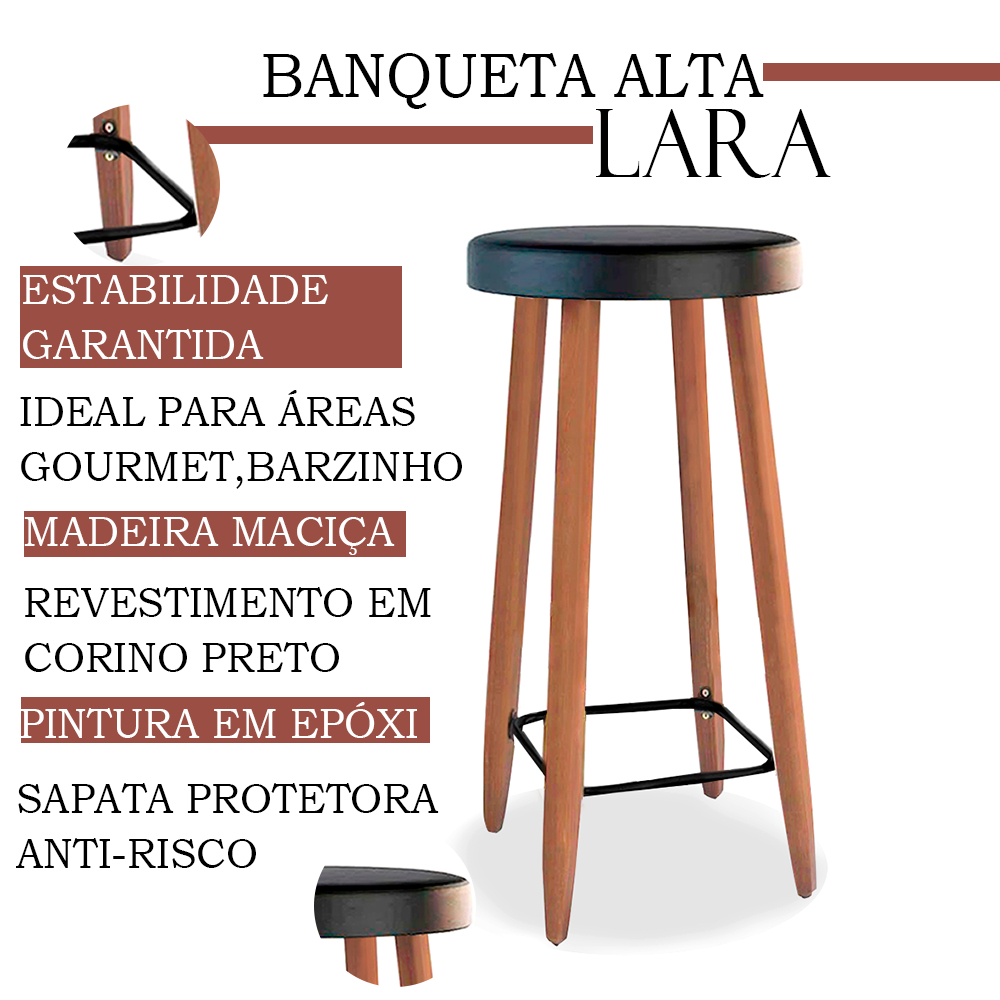 Banqueta Alta Estofada Corino Preto Madeira Espuma D-33