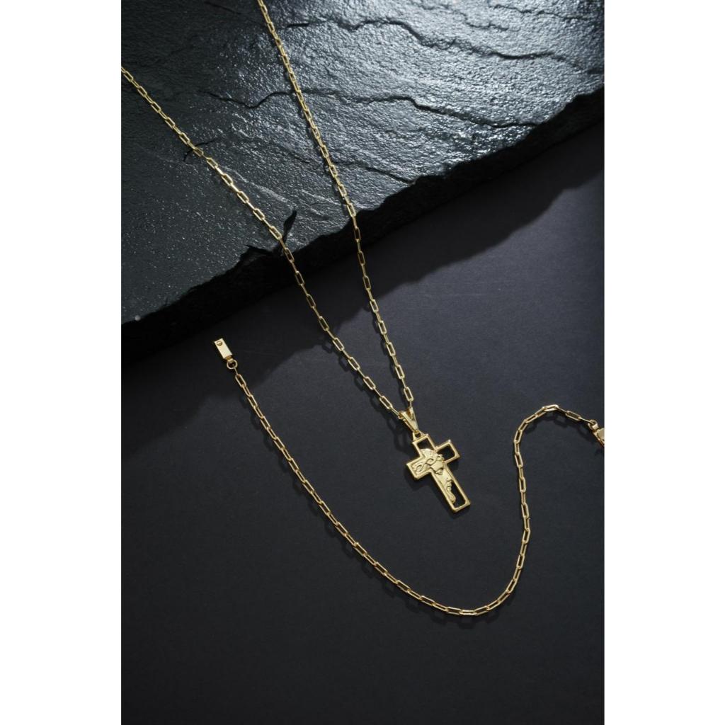 Corrente Masculina com Pulseira e Pingente Cruz com Face de Cristo Joia Banhada a Ouro 18k com garantia Unissex