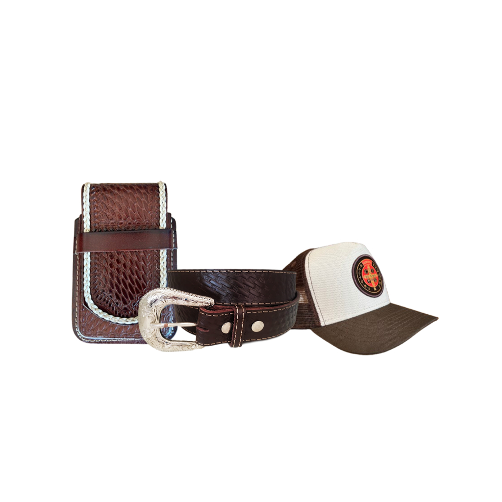 Kit Boiadeiro São Bento Capinha Country de Couro + Cinto Regulável e Boné São Bento
