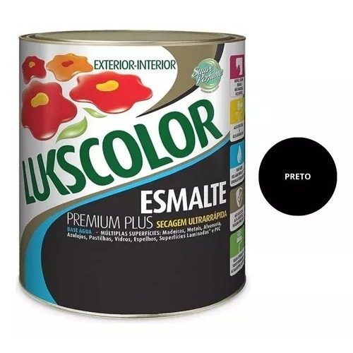 Tinta Esmalte Base Água Preto Fosco 900ml Lukscolor Madeira / Metal / Alvenaria /Azulejo / PVC/Ferro