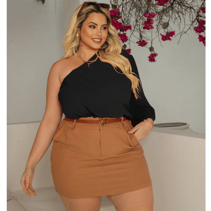 Blusa Preta Feminina Cropped Plus Size Manga Mula Bata Soltinha Ajustável Elástico Confortável Verão