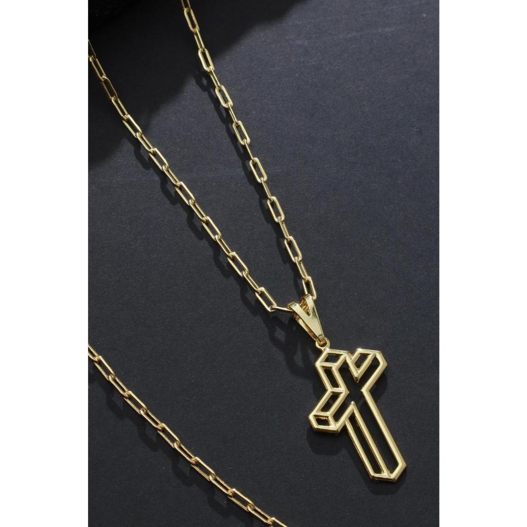 Corrente Masculina com Pulseira e Pingente Cruz 3D Joia Banhada a Ouro 18k com garantia Unissex