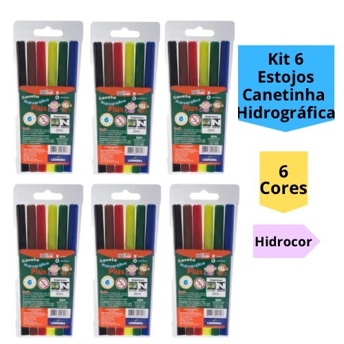 Kit 6 Estojos Canetinha Hidrográfica 6 Cores Hidrocor 36 Canetinhas Escolar Infantil Leo&Leo em Oferta na Shopee
