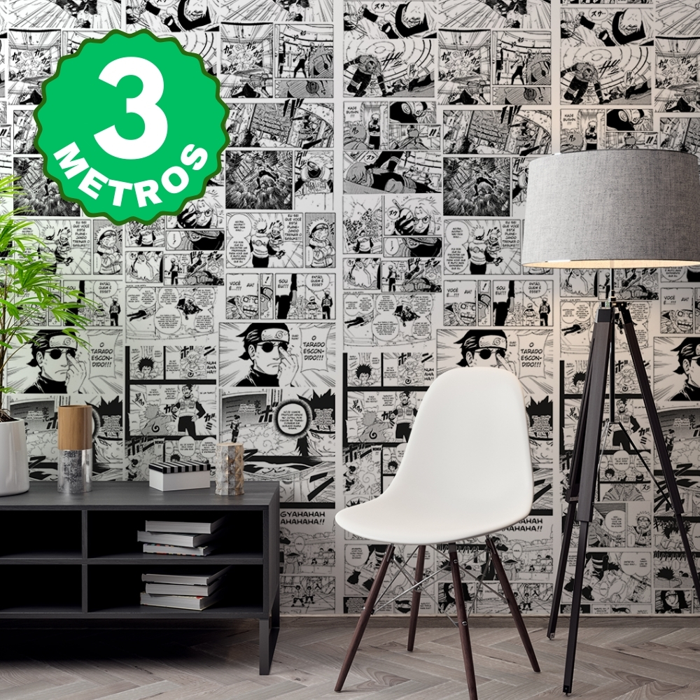 Papel de Parede Adesivo Manga Naruto Quadrinhos Preto e Branco Anime Infantil Lavável 3 Metros