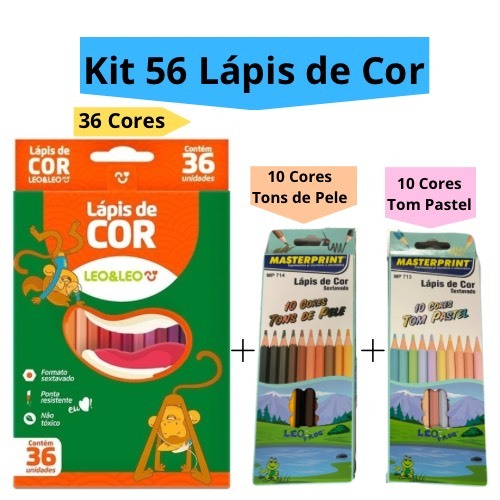 Kit 56 Lápis de Cor (36 CORES + 10 Cores Tom Pastel +10 Cores Tons de Pele) Escolar Sextavado em Oferta na Shopee