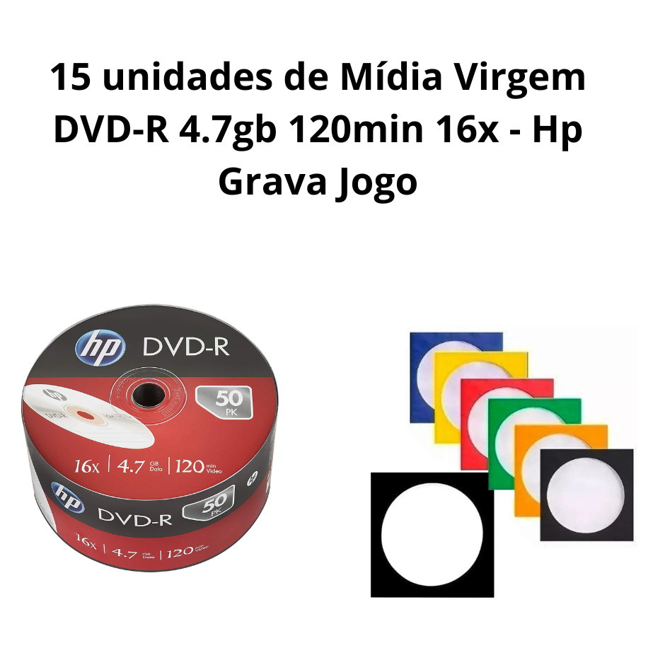 15 unidades de Mídia Virgem DVD-R 4.7gb 120min 16x - Hp Grava Jogo