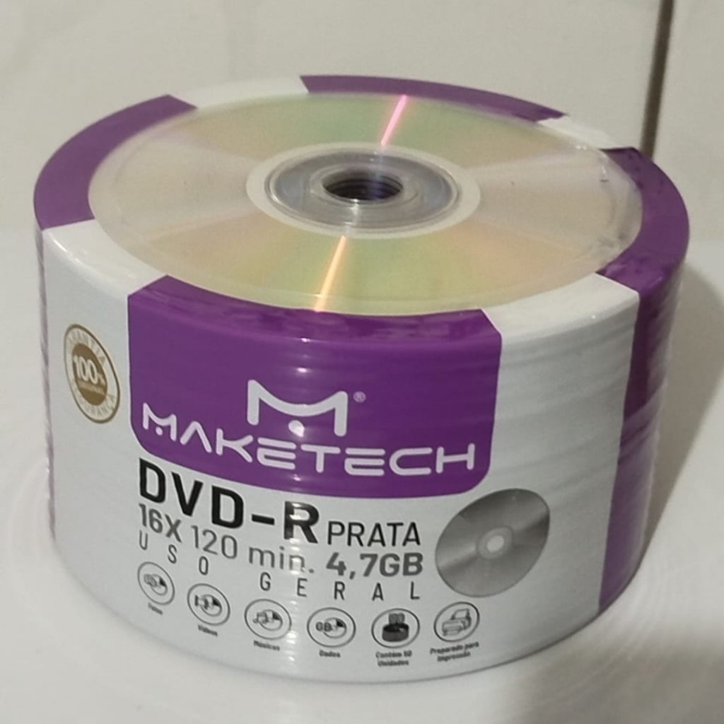 100 Mídia Virgem Dvd Maketech ORIGINAL 4.7gb 120min Dvdr Prata
