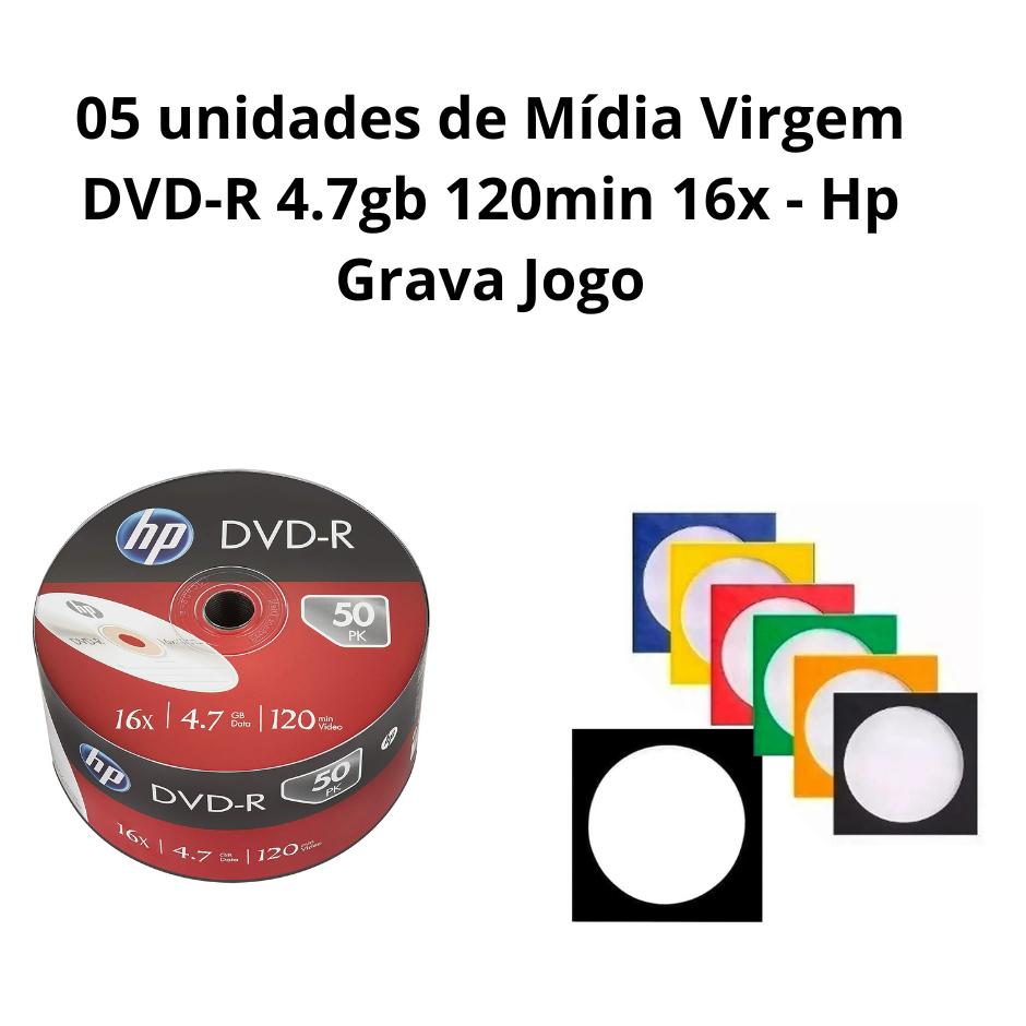 05 unidades de Mídia Virgem DVD-R 4.7gb 120min 16x - Hp Grava Jogo
