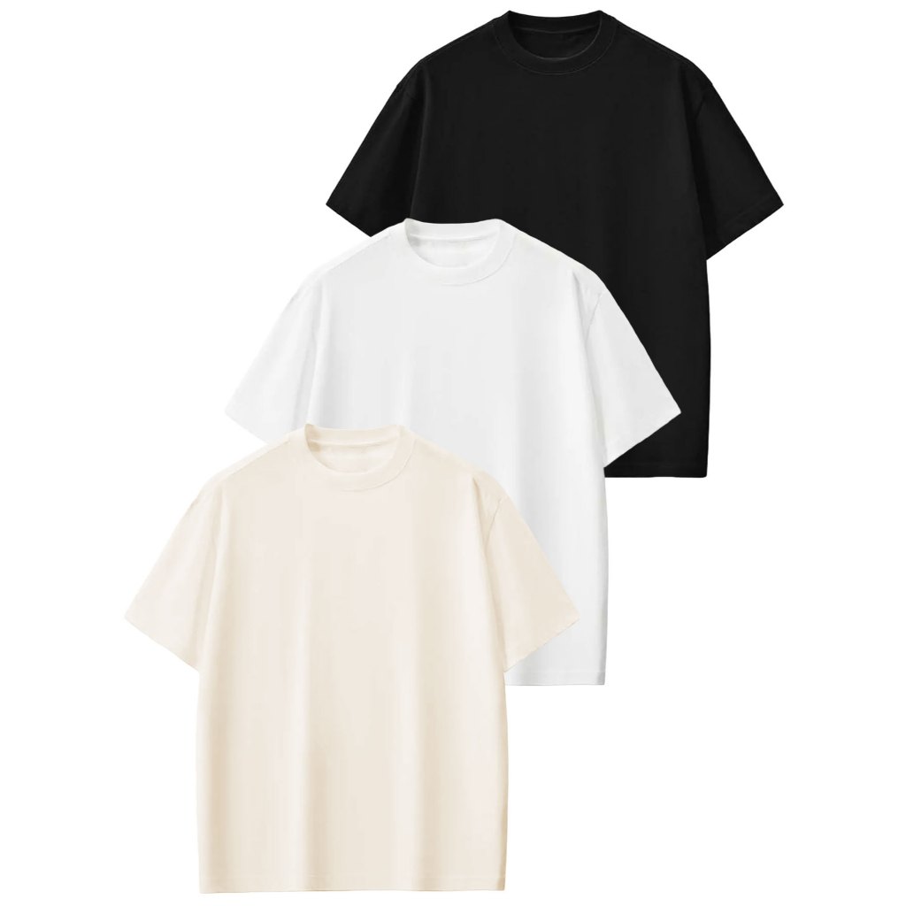 Kit 3 Camisetas Lisa Preta Branca e Off White Urban Style 100% Algodão Premium Streetwear Oversized