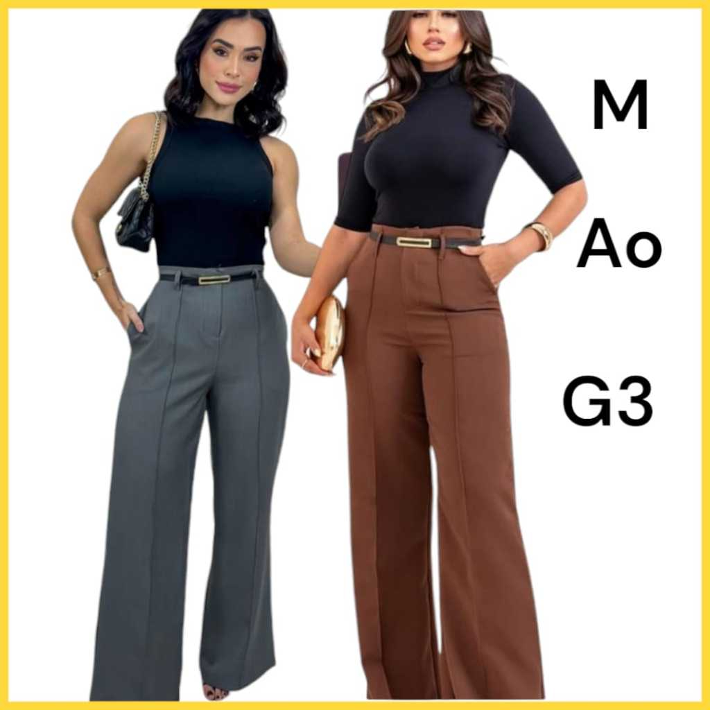 Calça pantalona alfaiataria feminina tecido sensorial com cinto do M ao G3 em Oferta na Shopee