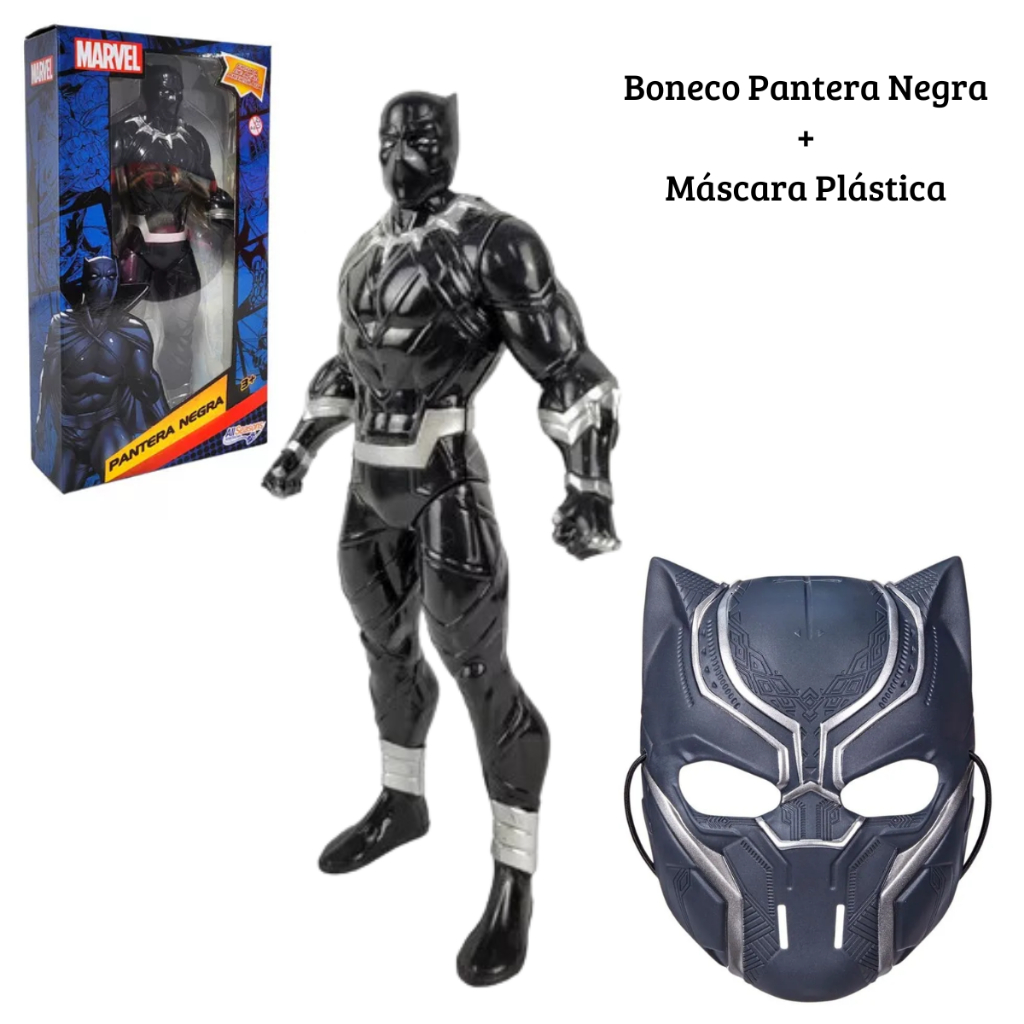Boneco Pantera Negra + Máscara Plástica Pantera Negra Herói Brinquedo Infantil