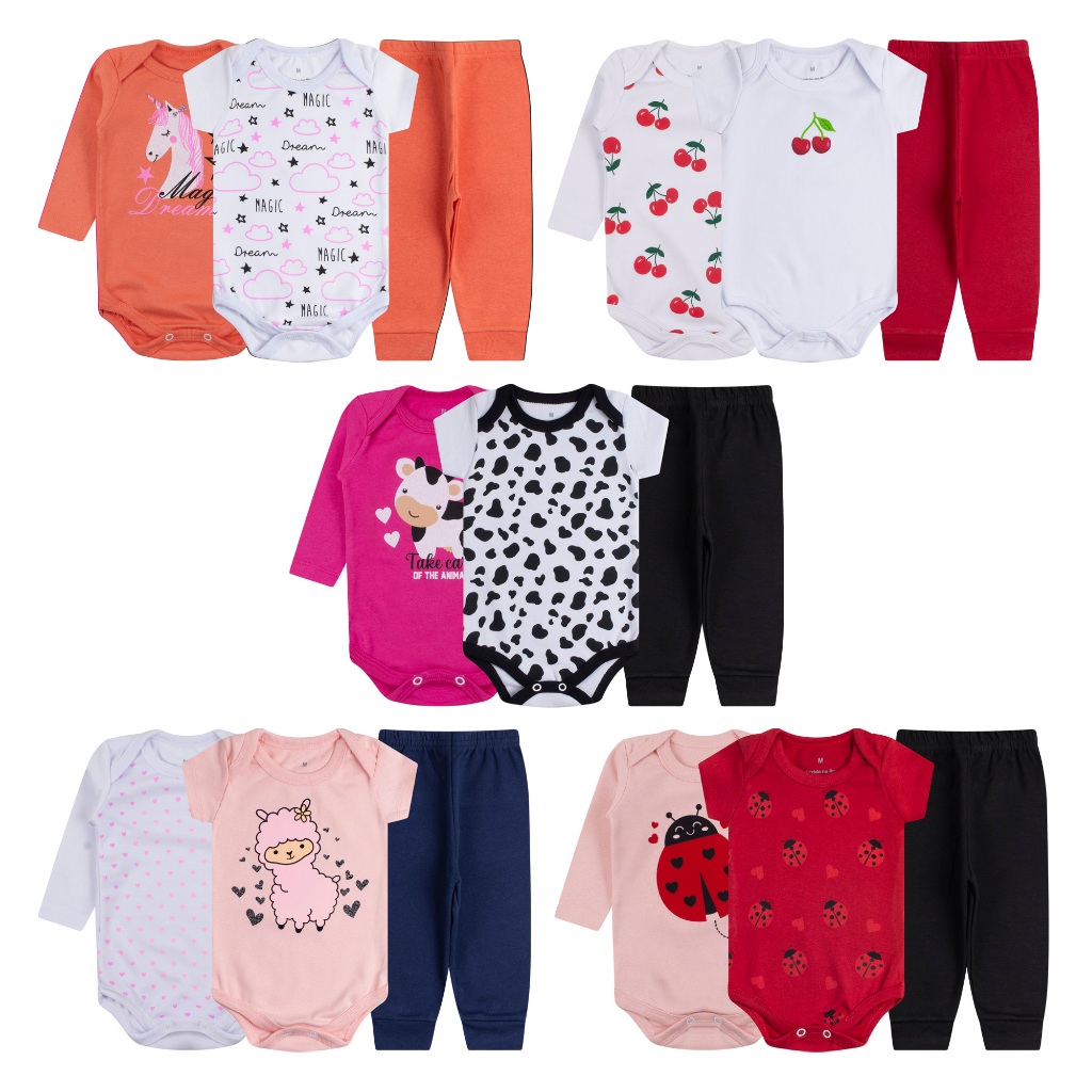 kit 12 peças body bebê manga curta longa calça menina Feminino P ao GG algodão