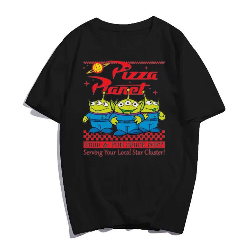 Camiseta Pizza Planet Aliens blusa feminina masculina unissex algodao preto personagem retro vintage camisa estampada