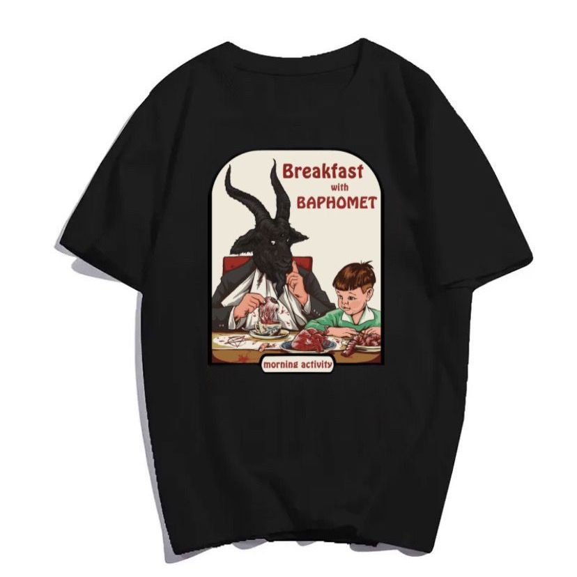 Camiseta Breakfast Baphomet Blusa feminina masculina unissex algodao preto demons camisa divertida estampada