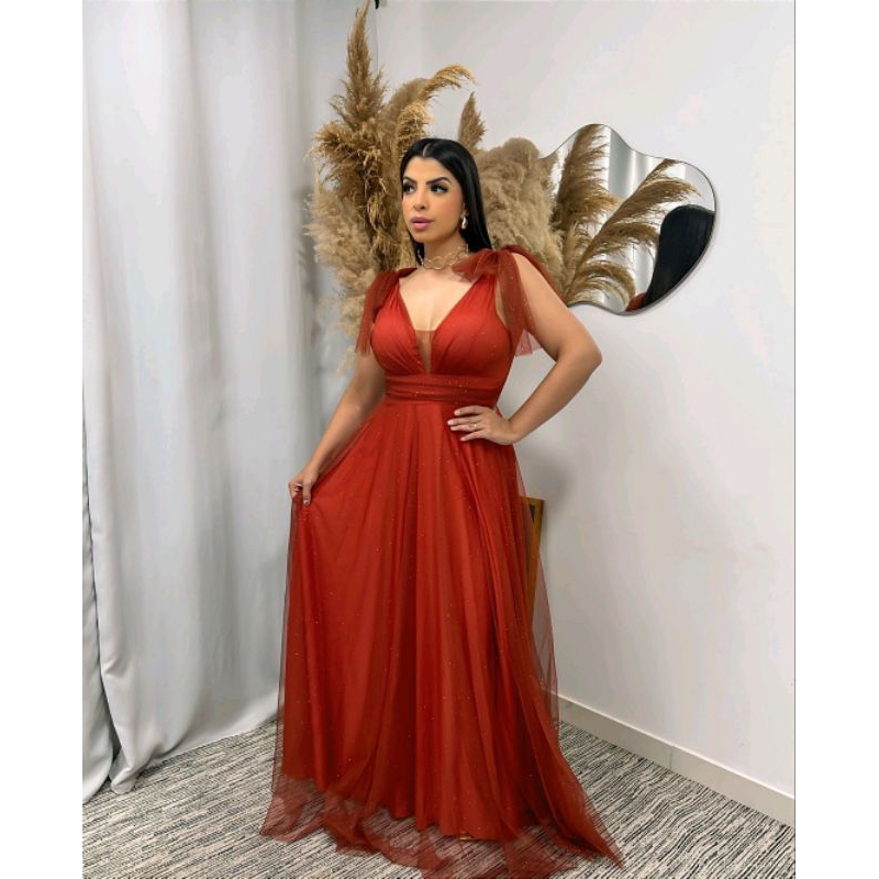 Vestido Longo Madrinha Laço Terracota Pink Fucsia Oliva Vermelho Festa