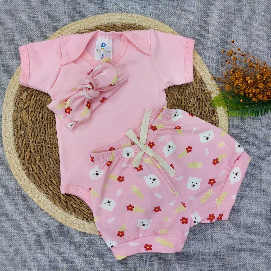 Kit 4 Conjuntos de Bebê Menina Body e Short e Tiara Malha Algodão