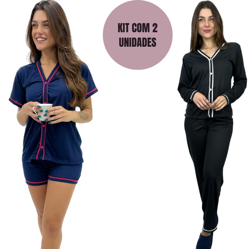 KIT 2 Pijamas Americanos Blogueira Aberto Botão Amamentação Feminino Baby Doll e Inverno Longo de Manga Blogueirinha em Oferta na Shopee