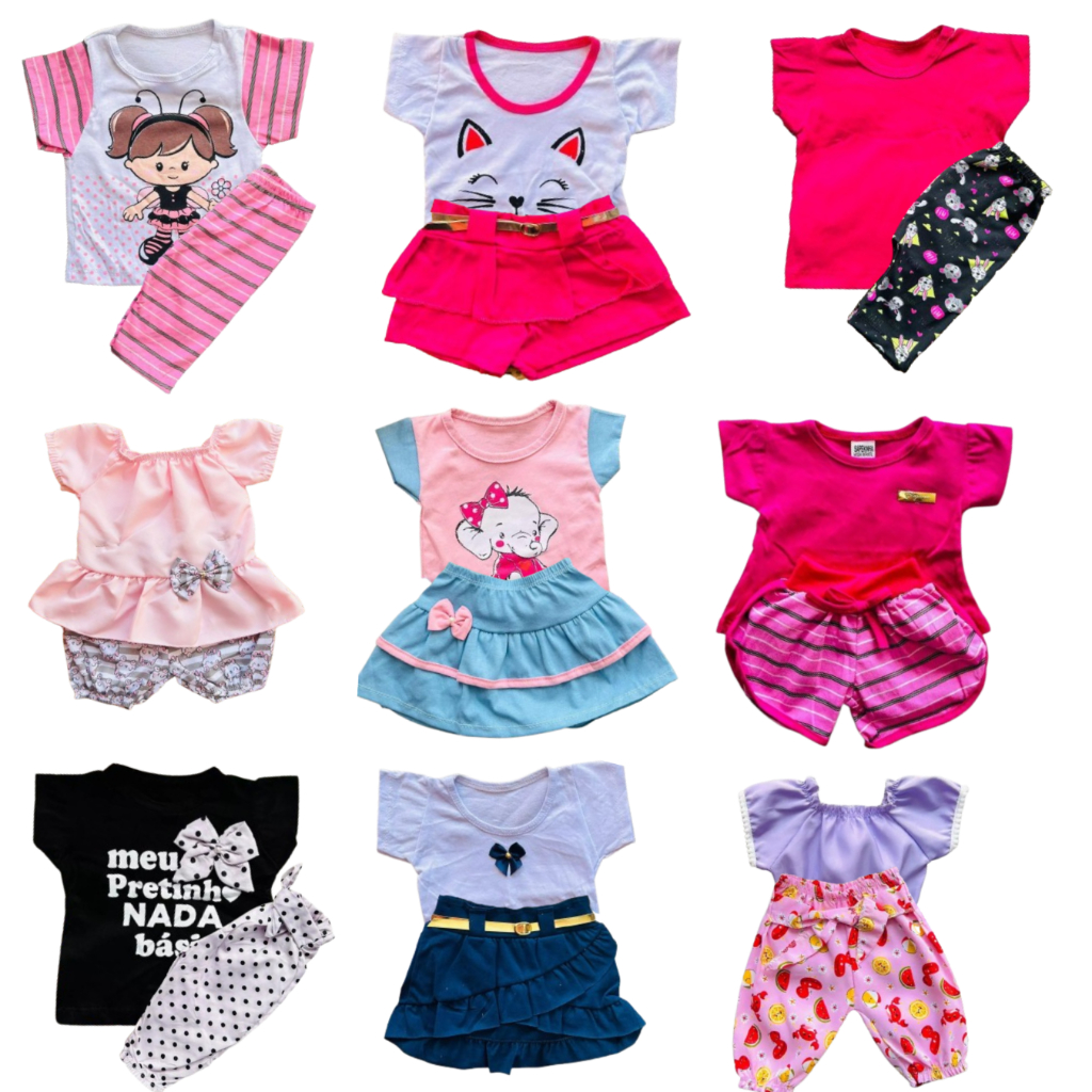 Kit 8 peças bebê variadas 4 camisetas + 4 short/calça menina festa enxoval verão 3-6 meses