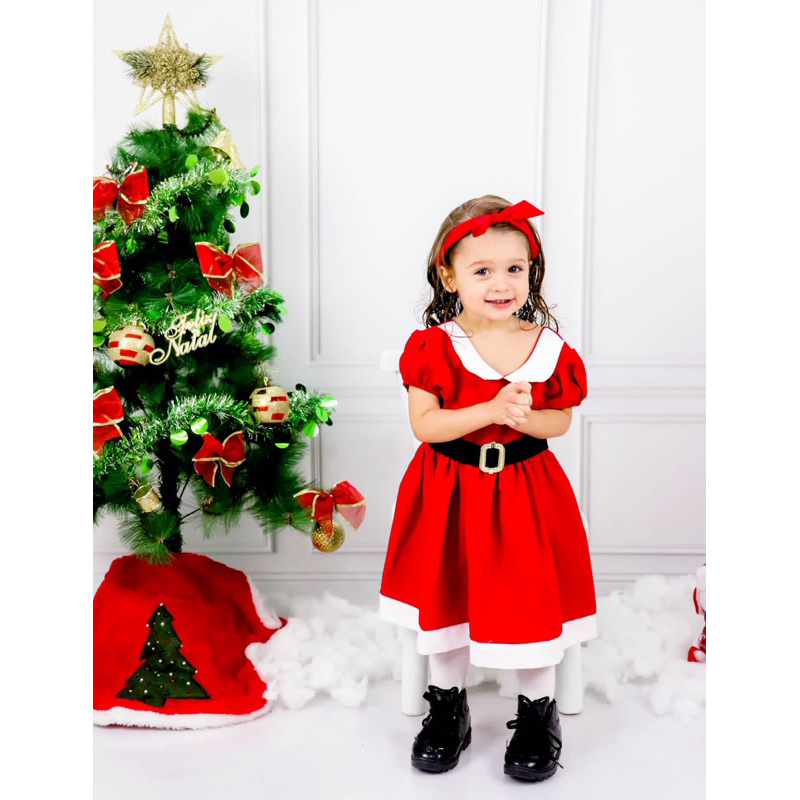Vestido Mamãe Noel Infantil e Juvenil com Tiara / Vestido Infantil para Natal