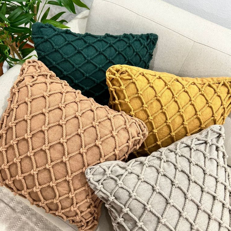 Capa de Almofada Cordão Trançada Decorativa Rustica Boho Verde Musgo Crú Caramelo Areia Mo...