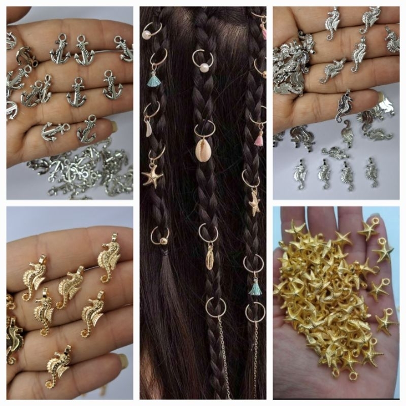 100 Pingentes Para Cabelos Tranças Estrelas Cavalo Marinho Âncoras em Oferta na Shopee