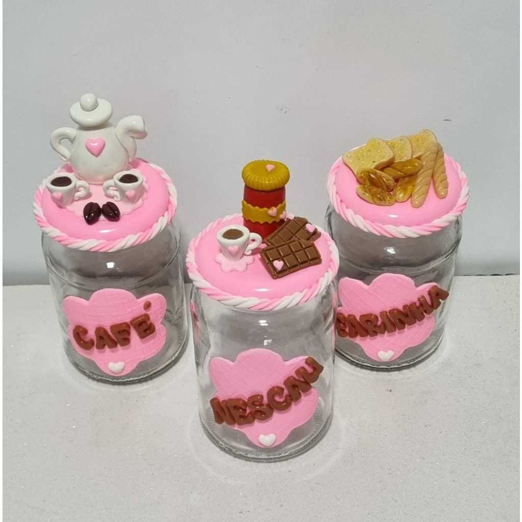 kit Cantinho do café - Pote para cha - pote chocolate pote para café pote para açúcar decorado biscuit 3 unidades