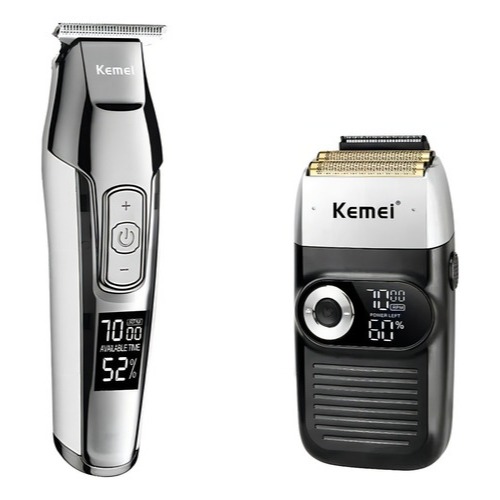 Kit Kemei 5027 Acabamento + Kemei 2026 Shaver Cor Prateado 100v/240v