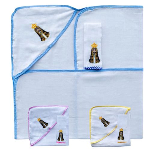 Kit bordado nossa senhora bebê enxoval Toalha banho + pano de boca 100% algodão presente