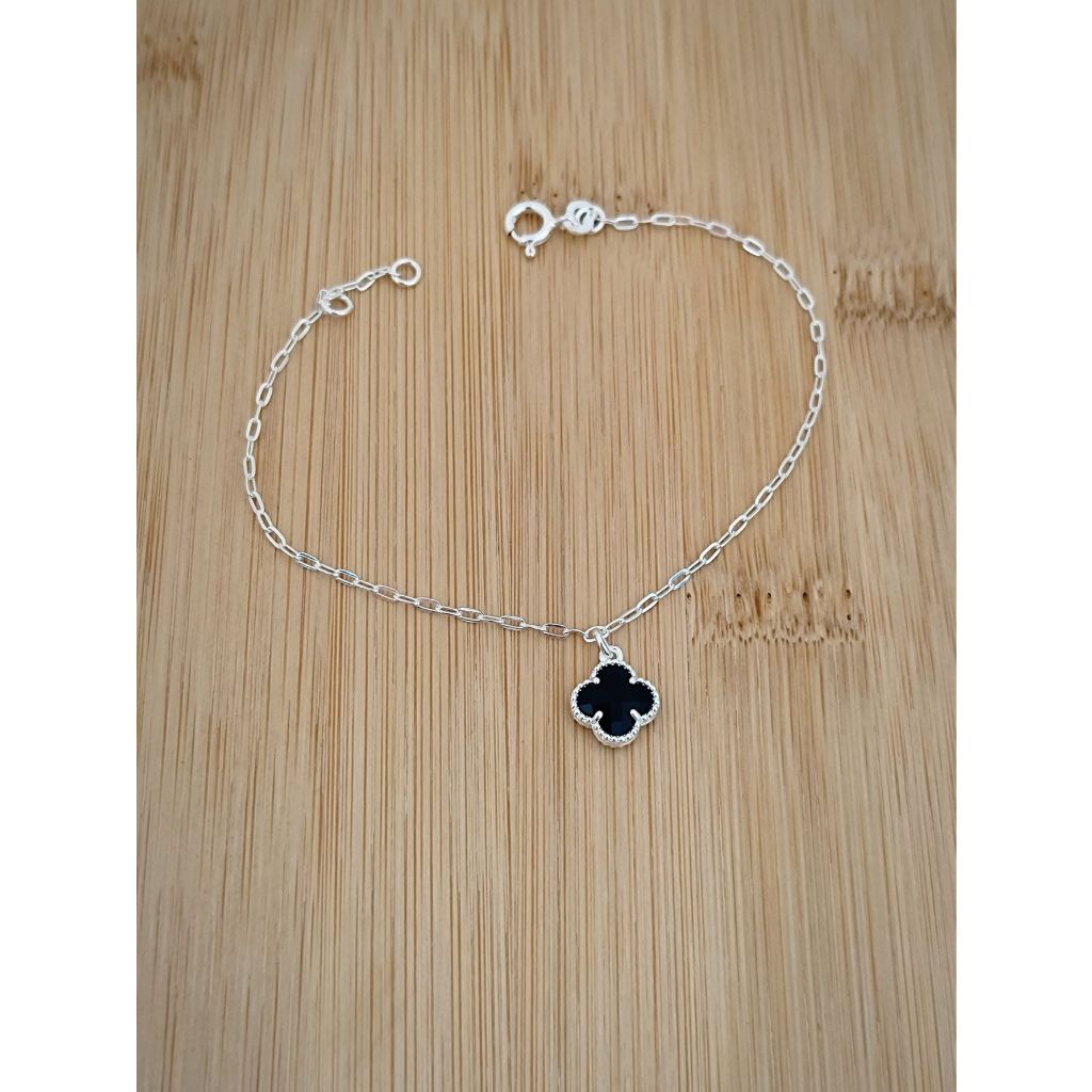 Pulseira Prata 925 Original - Trevo Pendurado Preto em Oferta na Shopee