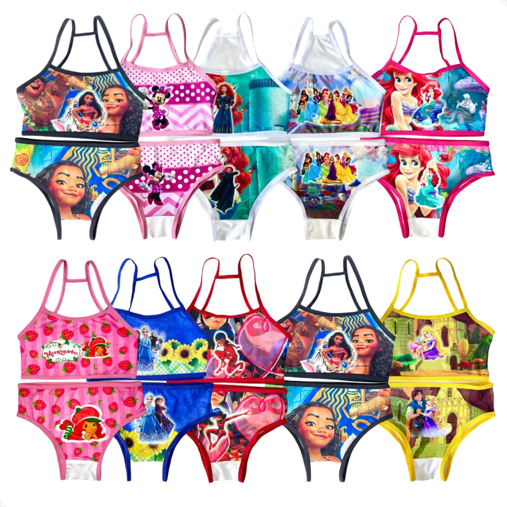 Kit 10 Conjunto Sublimado Menina Moça Infantil Personagens Wega Desenhos Toper Calcinha